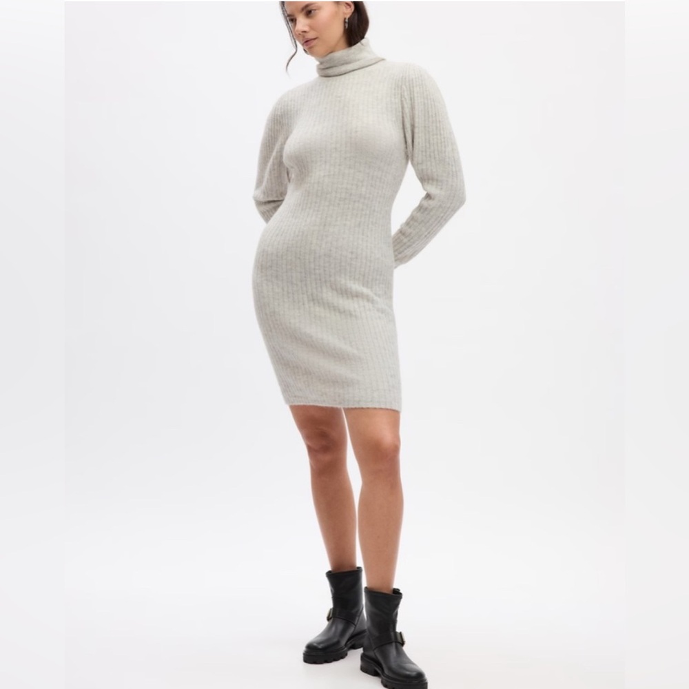 Gap Ribbed Puff Sleeve Sweater Dress Light Heather Grey | Size Medium